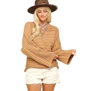 Kyemi Tombstone Knit Sweater Size Small Open Weave Long Sleeve Pullover Tan NEW
